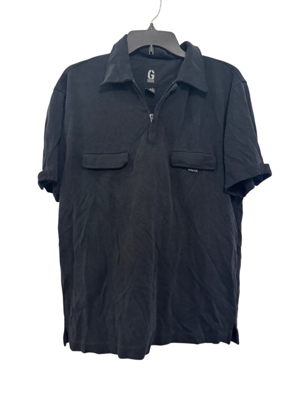 vintage Y2K Guess Jeans Black Polo Shirt M Short Sleeve Front Pockets Half-Zip